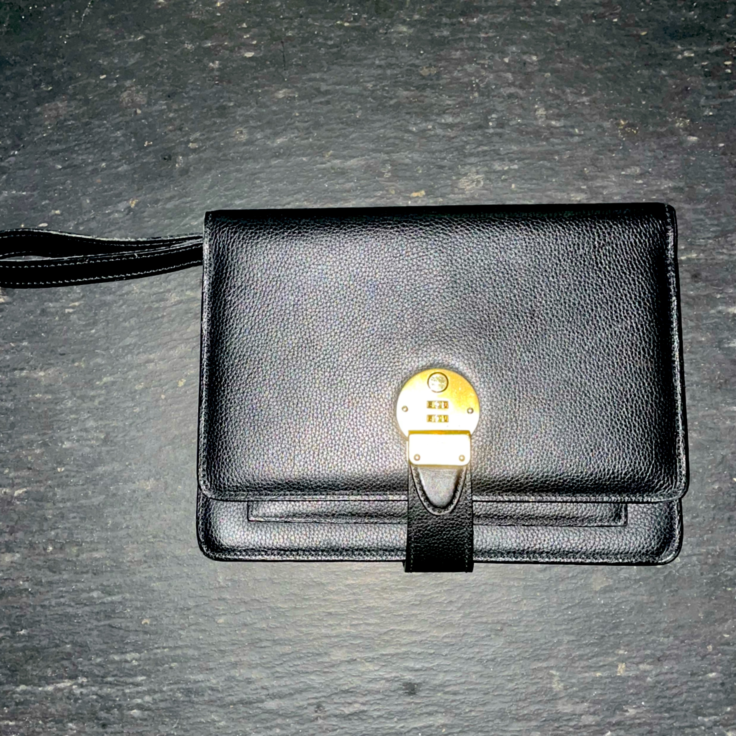 Bally] Black Leather Clutch Unisex Lock Bag